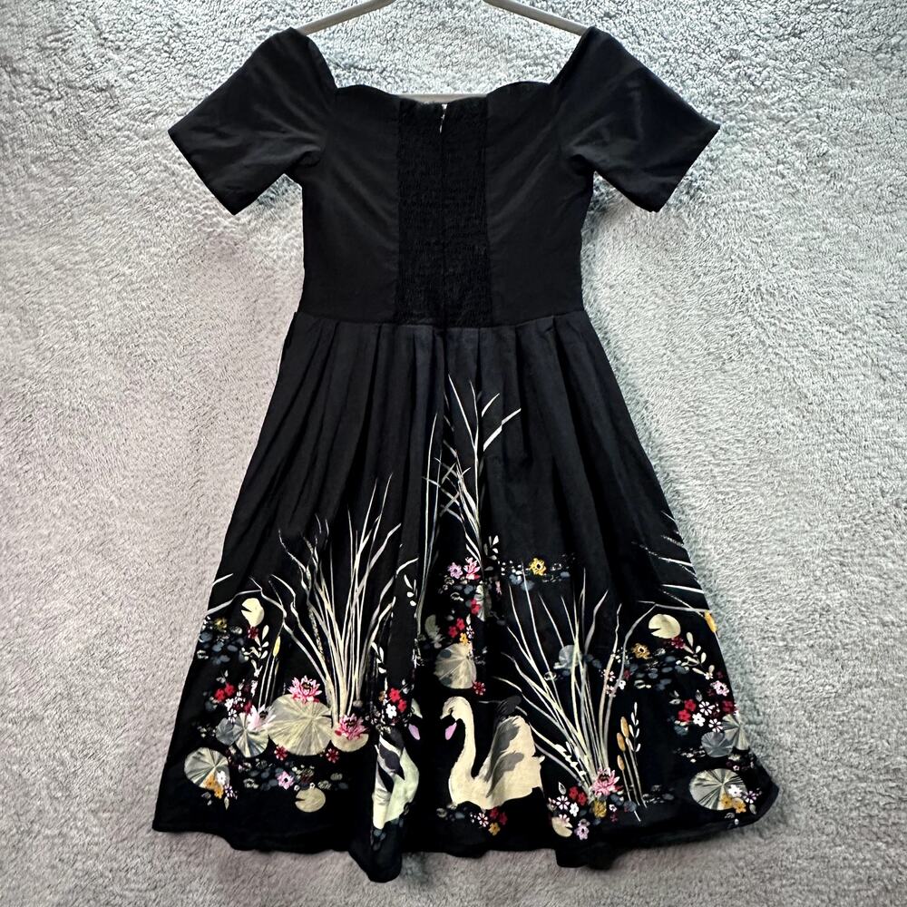 Belle Poque Women's Medium Black Dress Swan Floral Print Scalloped Front Smocked - Picture 4 of 9